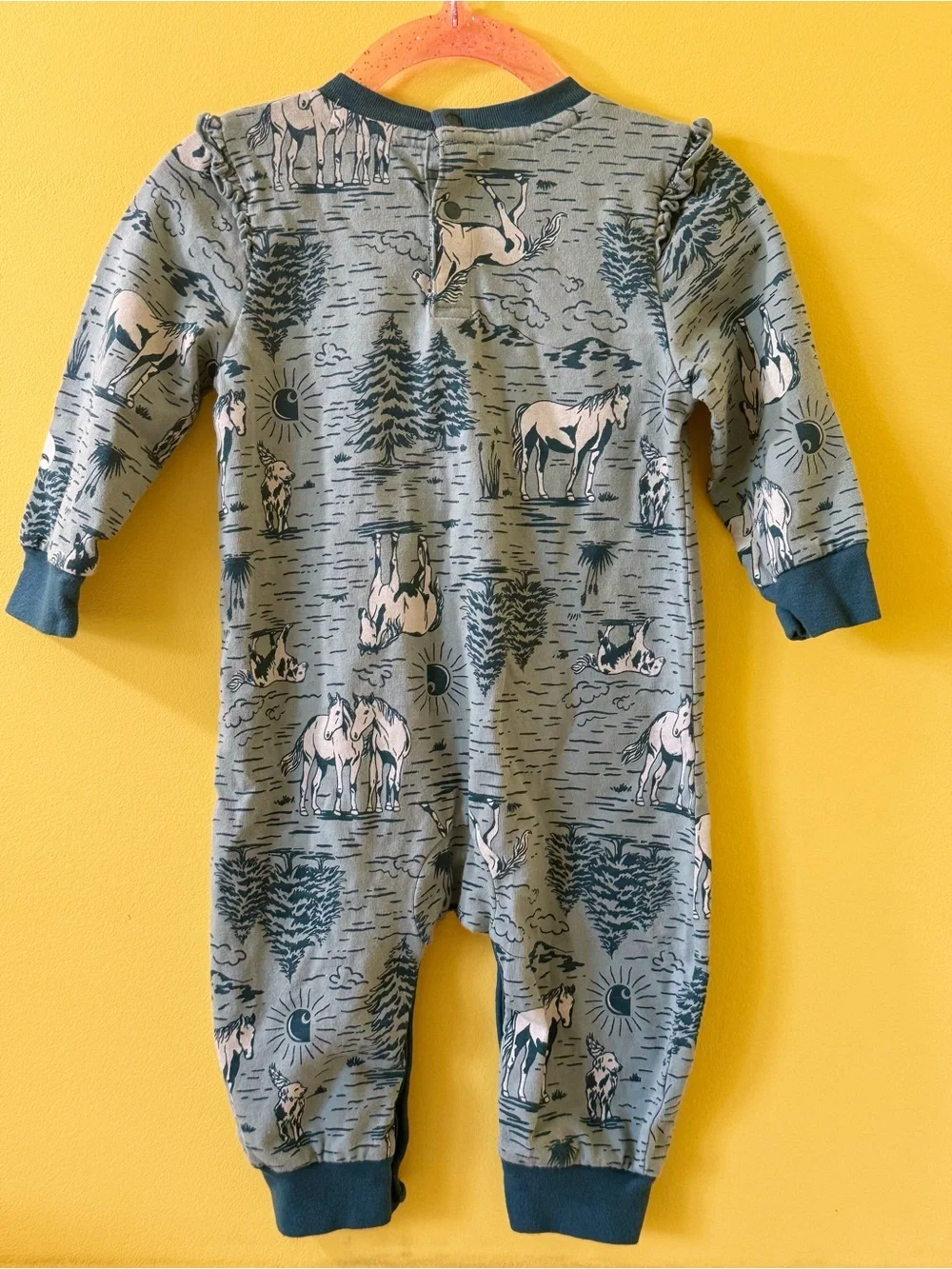 +NWOT Carhartt Horse Mustang Ruffle Coverall Baby Girl Turquoise & Teal 6M
